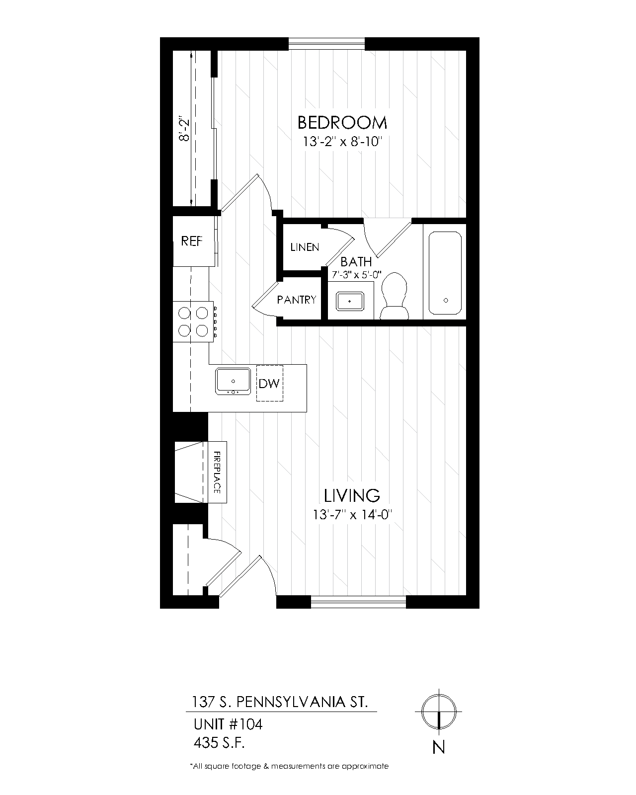 Floor plan for 1 bed, 1 bath, 465 sqft